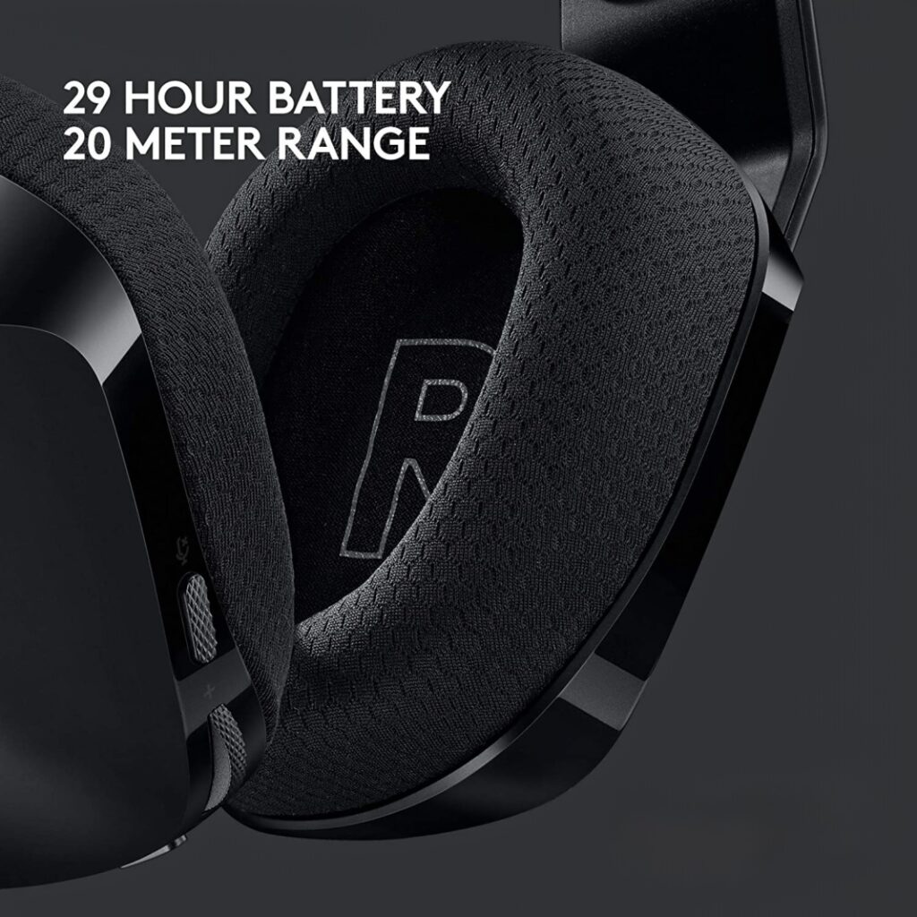 Logitech G733 ear cushion close-up showing 29-hour battery life and 20-meter wireless range with LIGHTSPEED technology.