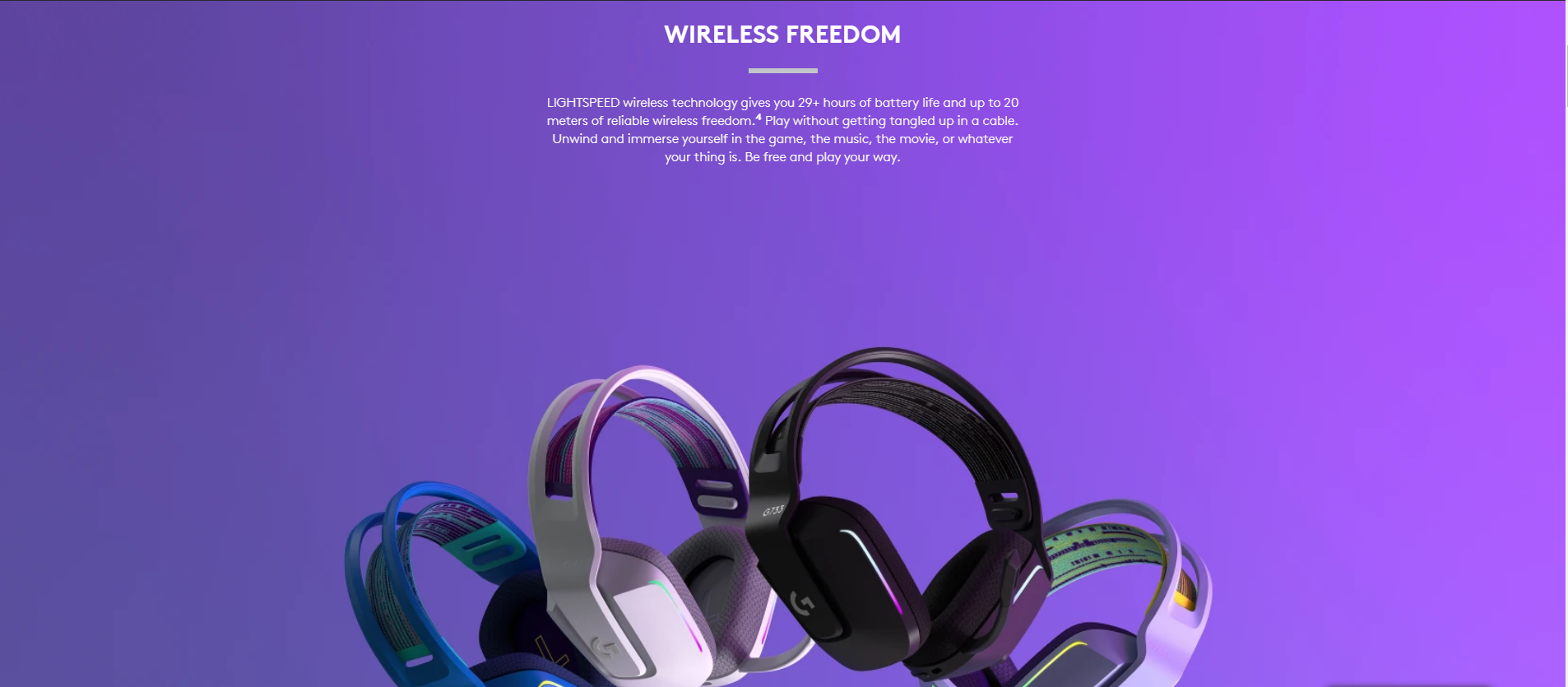 Wireless freedom feature of Logitech G733 LIGHTSPEED headset with multiple color variants on purple background.