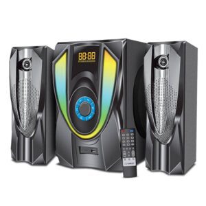 The Perks of Buying a Portable Bluetooth Speaker "Wireless speaker system with two satellite speakers and a remote control, featuring a display screen and multi-colored lighting."
