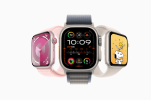 Get the Ultimate Smartwatch Experience with Apple Watch Series 10 Three Apple Watches featuring different designs and displays - one with a pink band and circular interface, a second sports watch with a digital display showing time and metrics, and a third watch displaying a cartoon graphic.