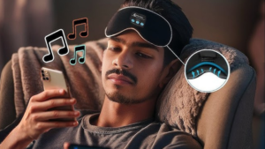 Relax in Style: Wireless Bluetooth Sleep Mask with Music & Comfort Padding Man relaxing with a smart Bluetooth sleep mask while using smartphone